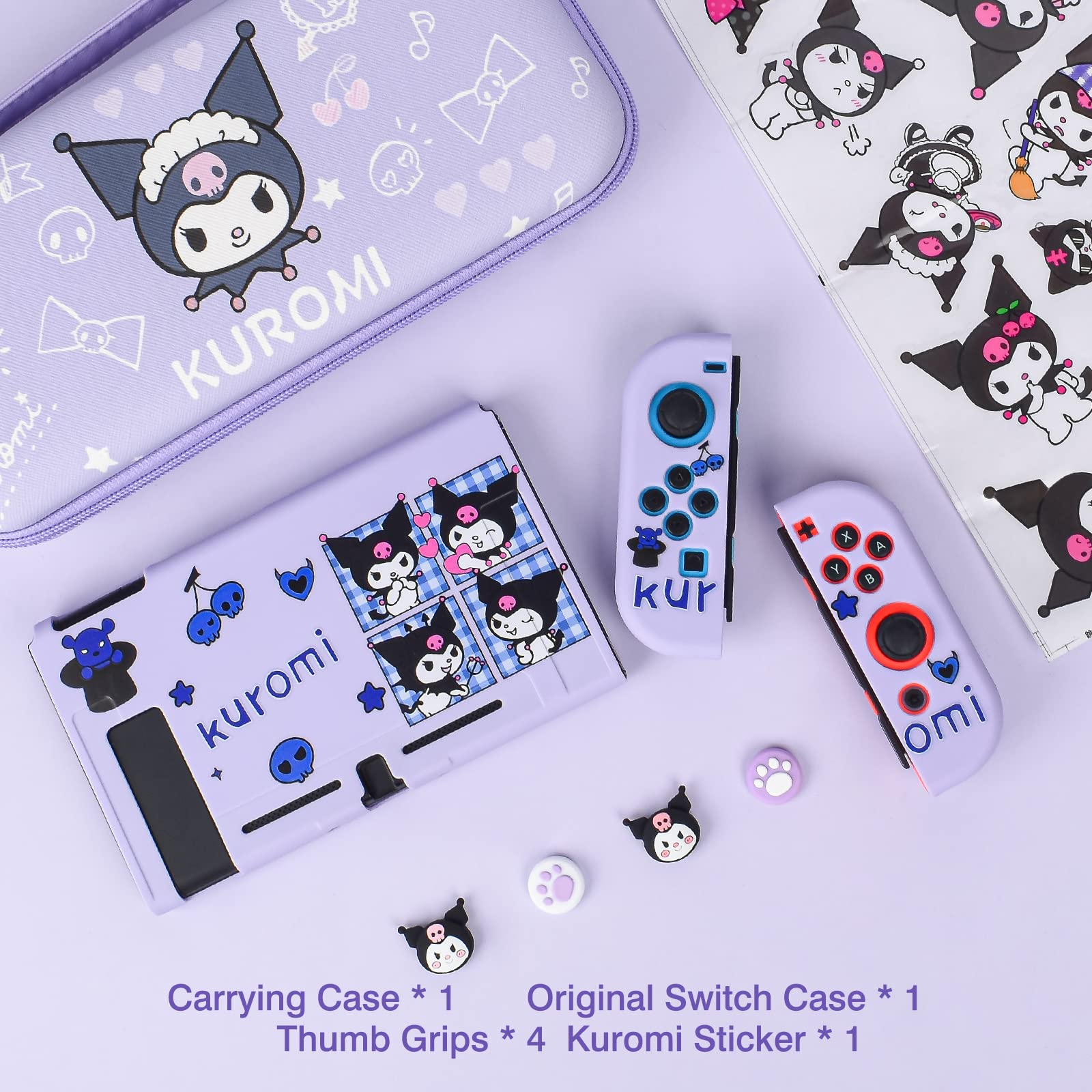 DLseego Little Evil Rabbit Switch Case Set Purple Carrying Case with 12 Slots Cute Silicone Protective Case Soft Cover with 4PCS Lovely Thumb Grips Caps and 1PCS Kawaii Sticker