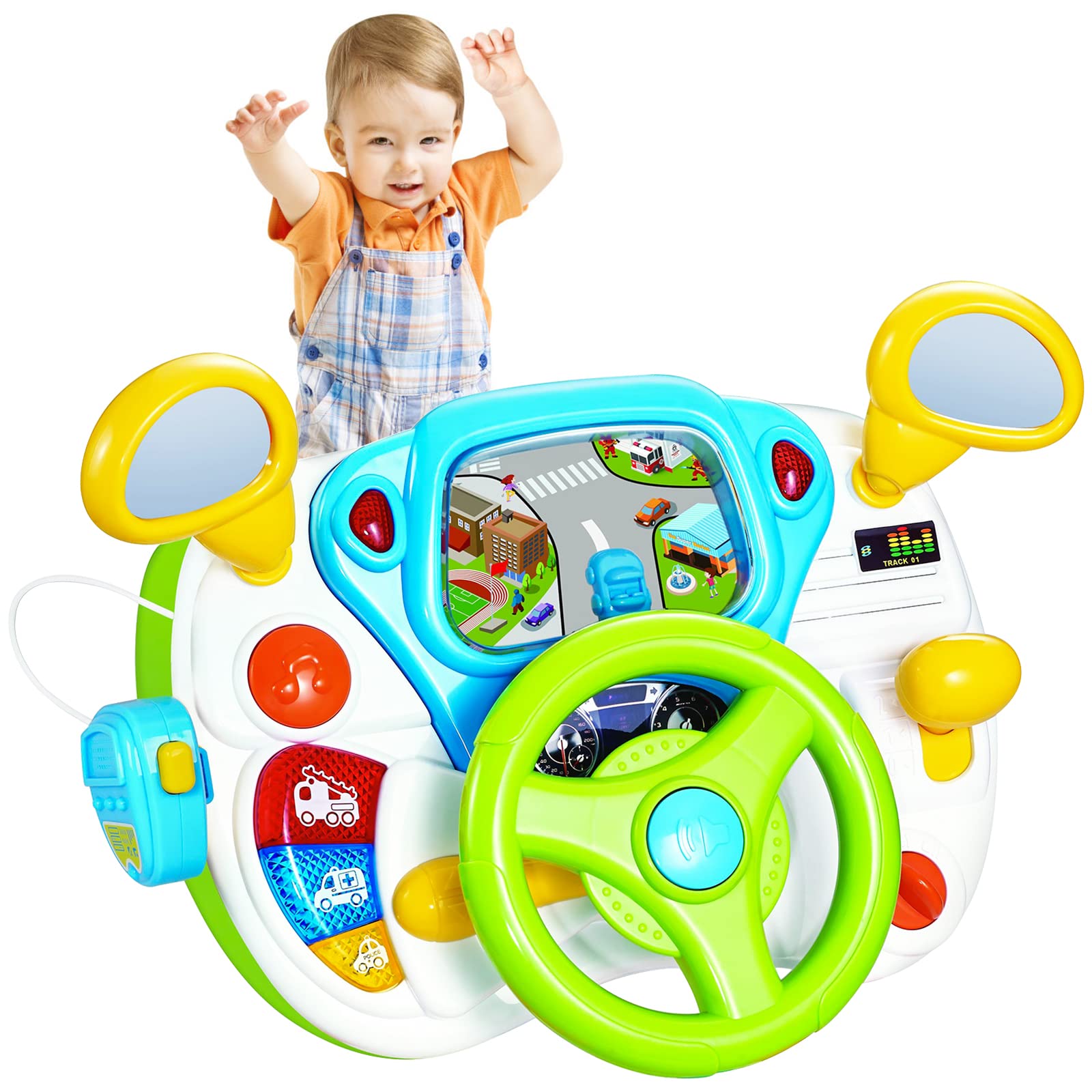 fisca Toddler Steering Wheel Toy Baby Interactive Learning Toy for Toddler 1-3 Year Old, My First Driving Educational Baby Musical Toy with Light and Sound for Preschool Kids