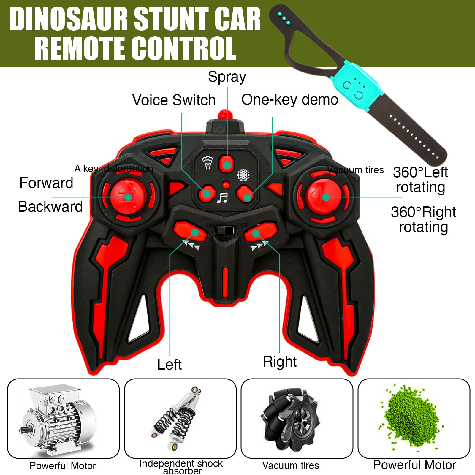 KunisJoy 2.4G Dinosaur Remote Control Car,Dinosaur Monster Trucks for Boys with Music Light Spray Mist.Dinosaur Toys for Kids, Birthday Gift for 3 4 5 6 7 8 Year olds Boys Girl