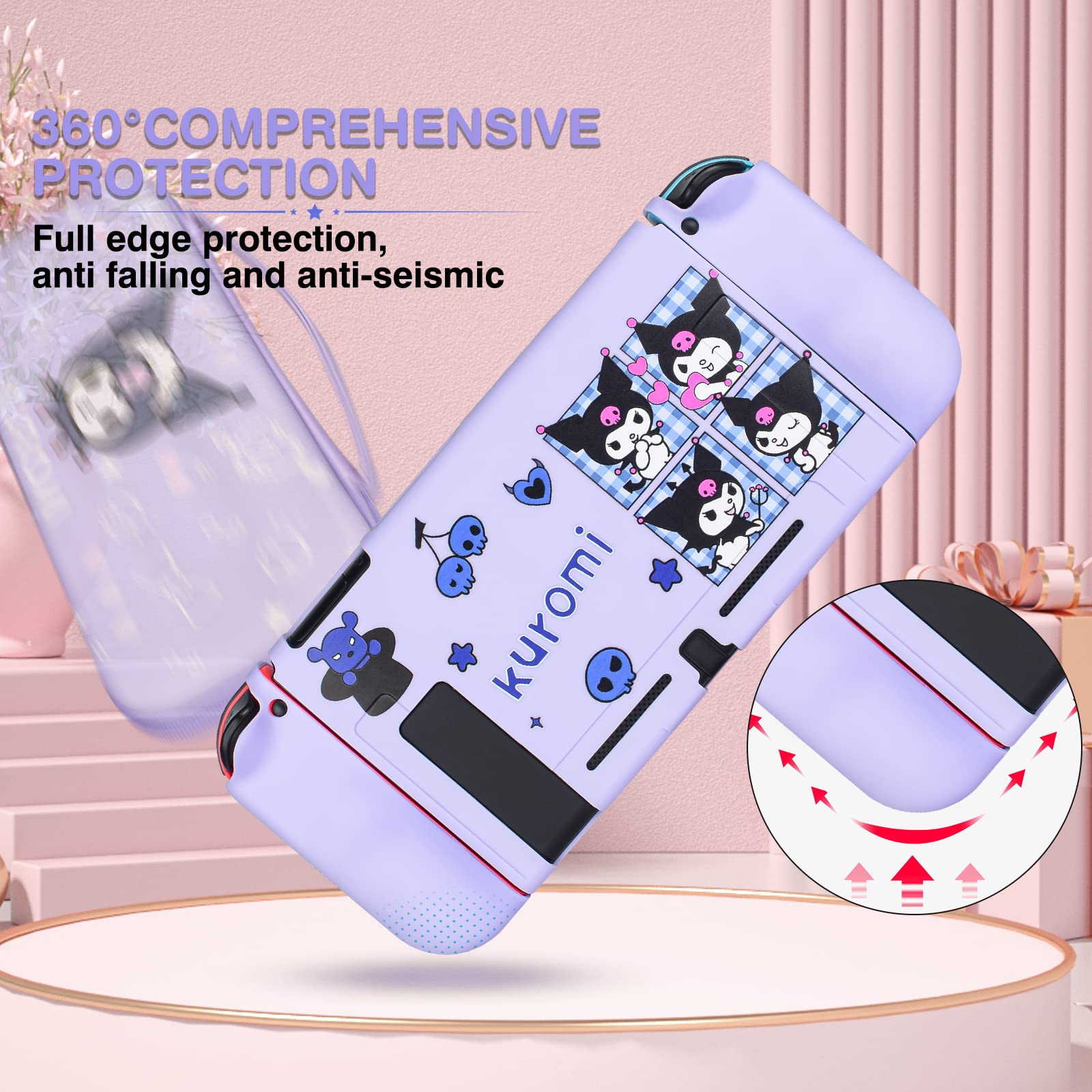 DLseego Little Evil Rabbit Switch Case Set Purple Carrying Case with 12 Slots Cute Silicone Protective Case Soft Cover with 4PCS Lovely Thumb Grips Caps and 1PCS Kawaii Sticker