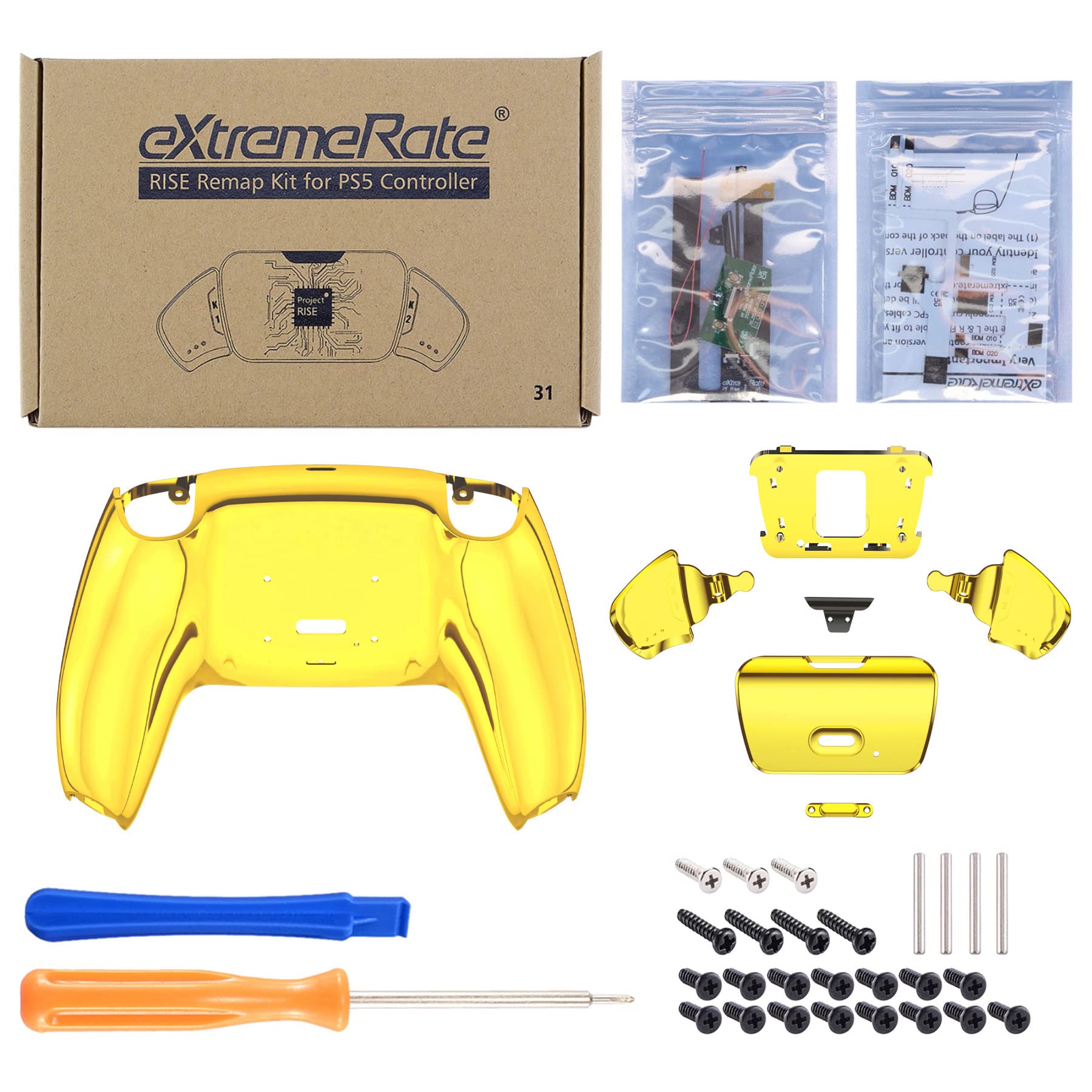 eXtremeRate Chrome Gold Faceplate & Programable Rise Remap Kit Compatible with ps5 Controller BDM-010 & BDM-020 - Controller NOT Included