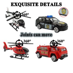 OTONOPI Toy Vehicle Push and Go Rescue Toy Playset Diecast Mini Police Car Fire Engine Truck and Helicopter Toy in Semi Carrier Truck Gift for Toddlers Kids Boys