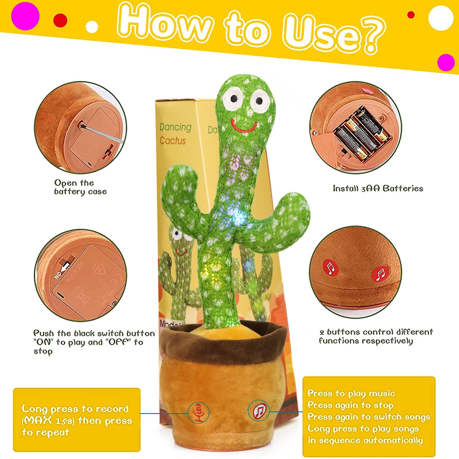 Emoin Dancing Cactus for Baby Boys Girls Tummy Time Toys, Cactus Baby Toys 6 to 12 Months Singing Talking Cactus Toy Repeat What You Say Infant Toy