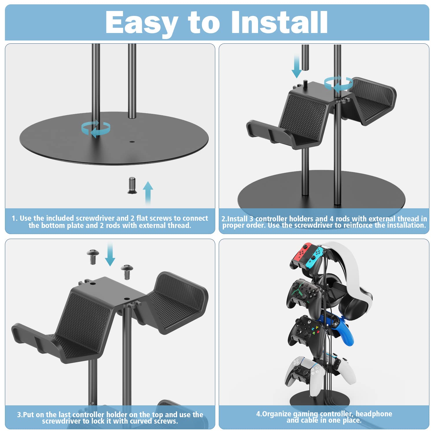 Kytok Controller Stand 4 Tiers with Cable Organizer for Desk, Universal Headphone Stand Compatible with Xbox PS5 PS4 Nintendo Switch, Headset Holder & Desk Mounts for 8 Packs Controller