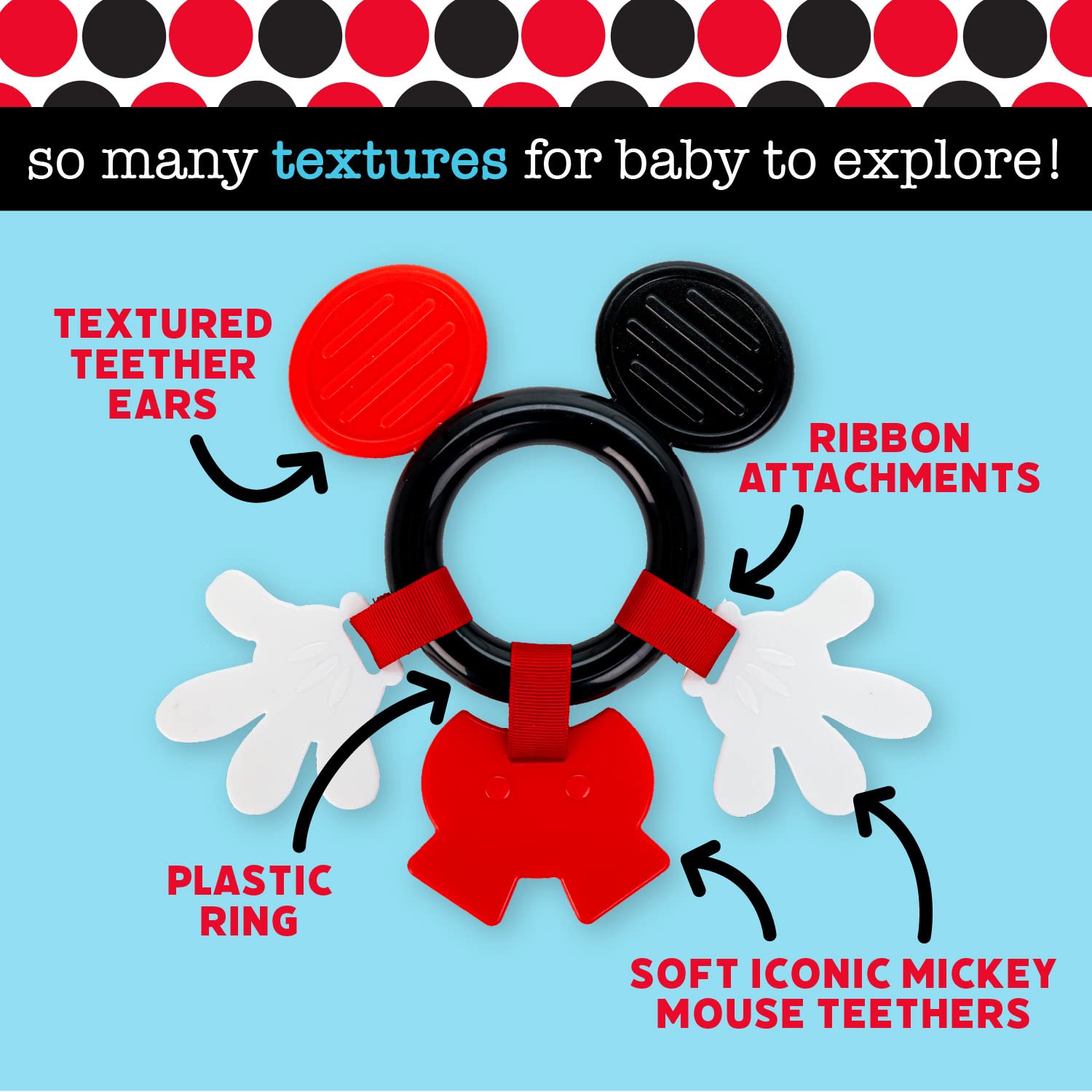 KIDS PREFERRED Disney Baby Mickey Mouse Teether, Black & White High Constrast Toy, Boys and Girls Ages 0+, Stroller On The Go Activity Toy, Multicolor