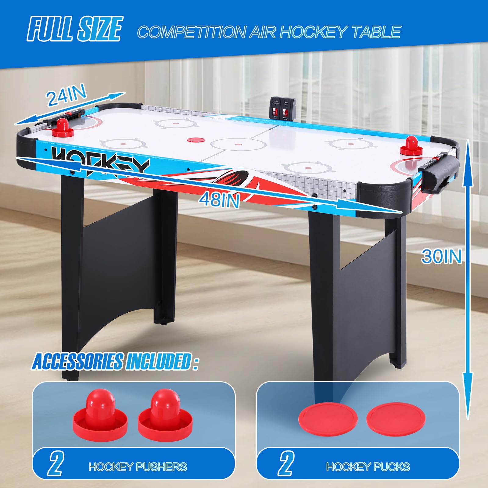 RayChee 48in Air Hockey Table for Kids and Adults, Portable Air Hockey Game Table w/LED Scoreboard, 2 Pucks, 2 Pushers, Powerful 12V Motor for Home, Game Room, Bar