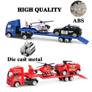 OTONOPI Toy Vehicle Push and Go Rescue Toy Playset Diecast Mini Police Car Fire Engine Truck and Helicopter Toy in Semi Carrier Truck Gift for Toddlers Kids Boys