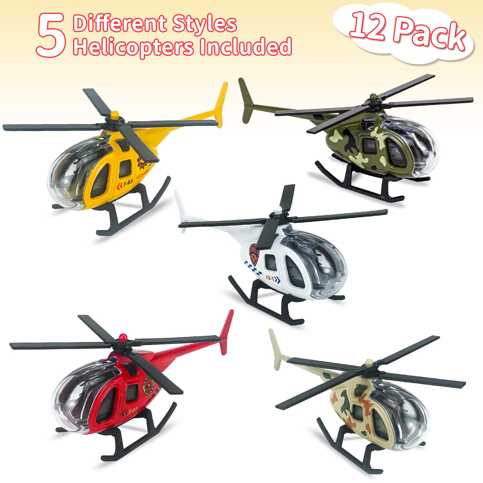 Tcvents Diecast Helicopters, 12 Pack Military Model Plane Helicopter Toy for Boys 3 4 5 6 7 Year Old, Airplane Vehicles Gift for Toddler Kids 3-8 Years Old Birthday Party Favors & Cake Toppers