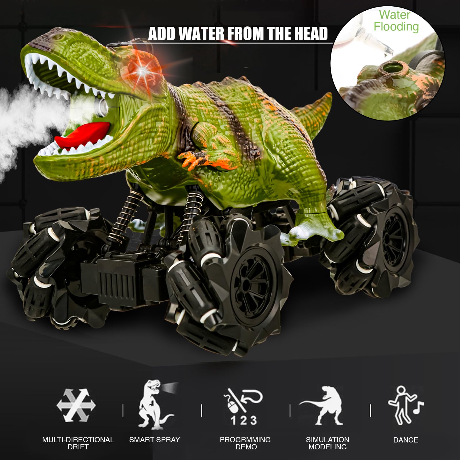 KunisJoy 2.4G Dinosaur Remote Control Car,Dinosaur Monster Trucks for Boys with Music Light Spray Mist.Dinosaur Toys for Kids, Birthday Gift for 3 4 5 6 7 8 Year olds Boys Girl