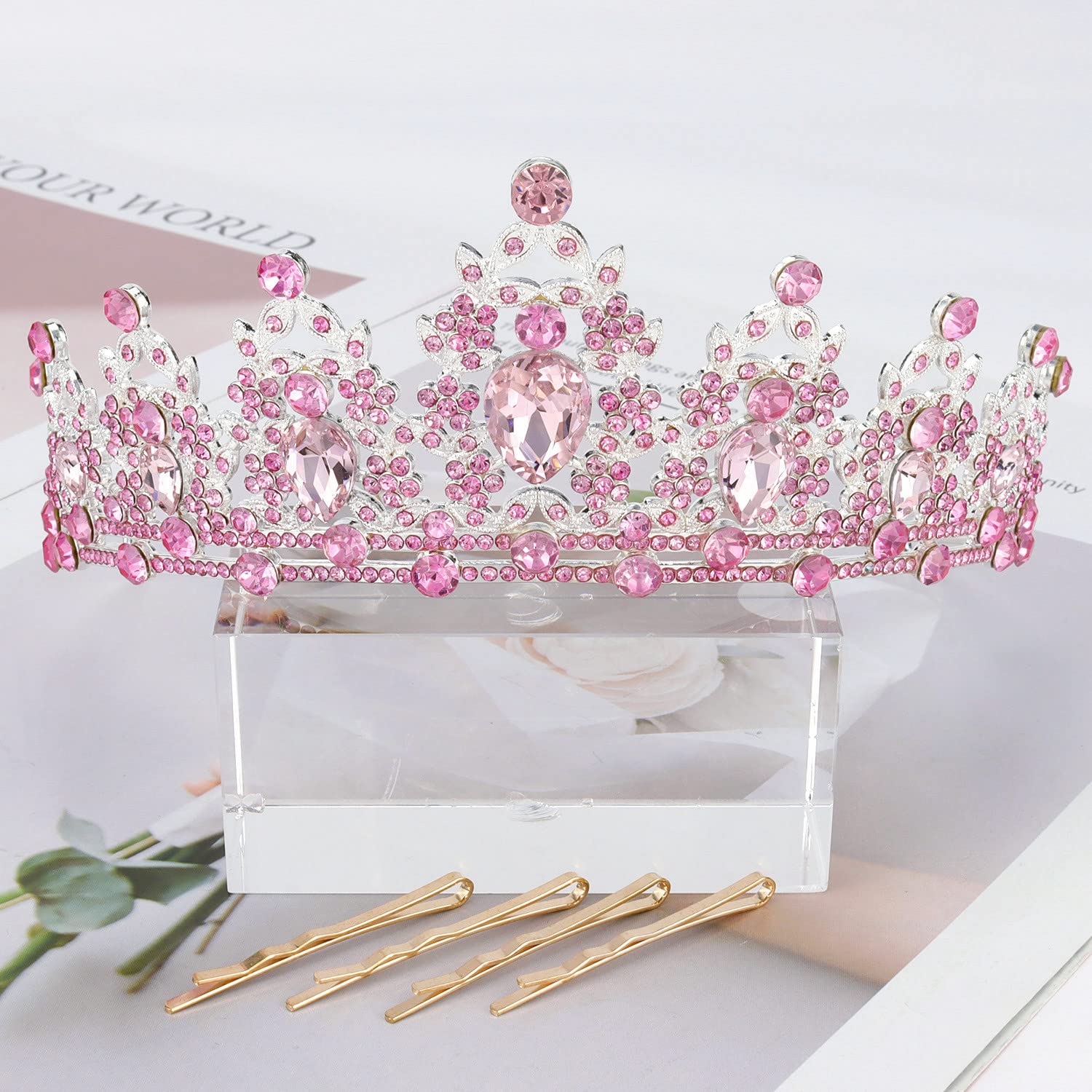 Tiaras for Women, Didder Pink Crystal Tiara Crowns for Women, Silver Crown Tiaras for Girls Princess Crown Wedding Tiaras and Crowns for Women Brides Birthday Party Christmas Prom