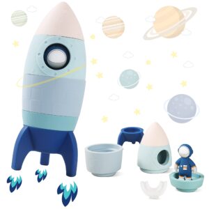 jetm·hh silicone rocket stacking toy - space rocket toy - baby teething toys -early learning stacking tower educational learning stacking toys nesting toy for early educational for infants (blue)