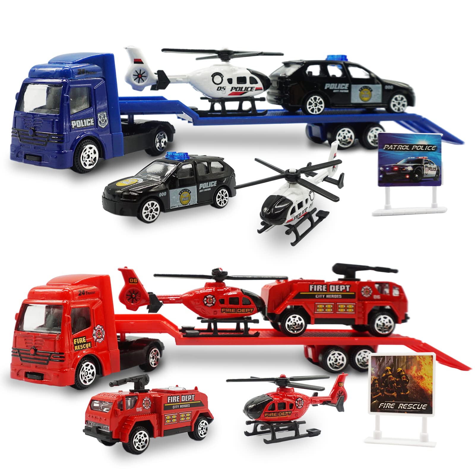 OTONOPI Toy Vehicle Push and Go Rescue Toy Playset Diecast Mini Police Car Fire Engine Truck and Helicopter Toy in Semi Carrier Truck Gift for Toddlers Kids Boys