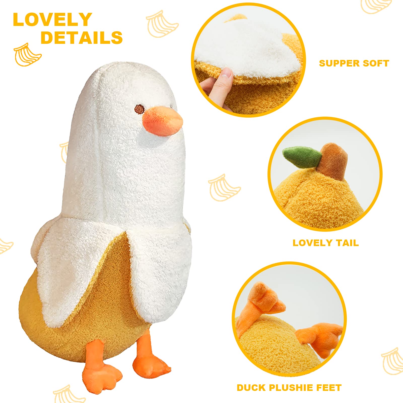 PEACH CAT Banana Duck Plush Toy Cute Plushie Hugging Plush Pillow Duck Stuffed Animal for Girls and Boys White 35.4"