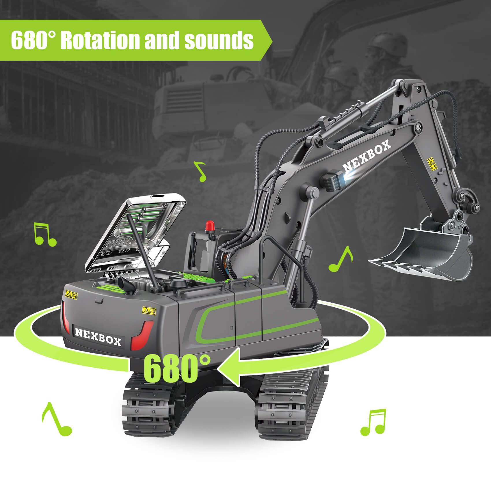 NEXBOX Remote Control Excavator Toys for Boys, RC Construction Equipment Vehicles for Kids Age 4-7 8 9 10 Year Old, Best Birthday Gifts Ideas, with Metal Shovel, 2.4Ghz