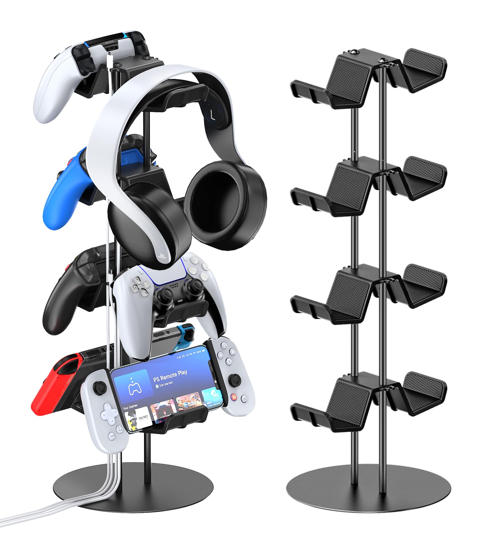 Kytok Controller Stand 4 Tiers with Cable Organizer for Desk, Universal Headphone Stand Compatible with Xbox PS5 PS4 Nintendo Switch, Headset Holder & Desk Mounts for 8 Packs Controller