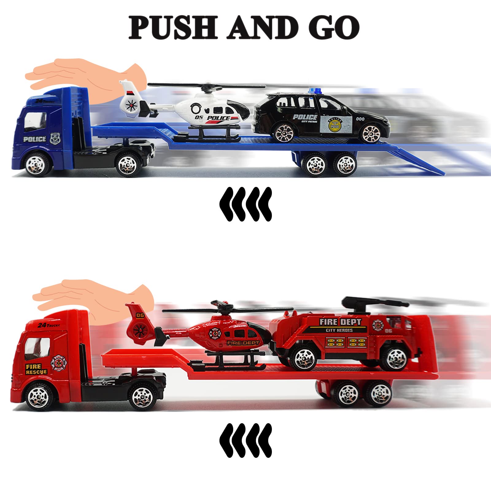 OTONOPI Toy Vehicle Push and Go Rescue Toy Playset Diecast Mini Police Car Fire Engine Truck and Helicopter Toy in Semi Carrier Truck Gift for Toddlers Kids Boys