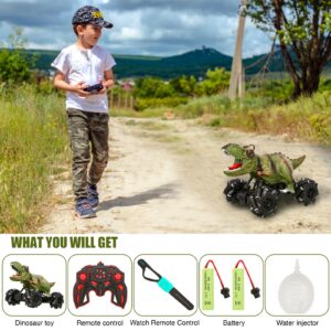 KunisJoy 2.4G Dinosaur Remote Control Car,Dinosaur Monster Trucks for Boys with Music Light Spray Mist.Dinosaur Toys for Kids, Birthday Gift for 3 4 5 6 7 8 Year olds Boys Girl