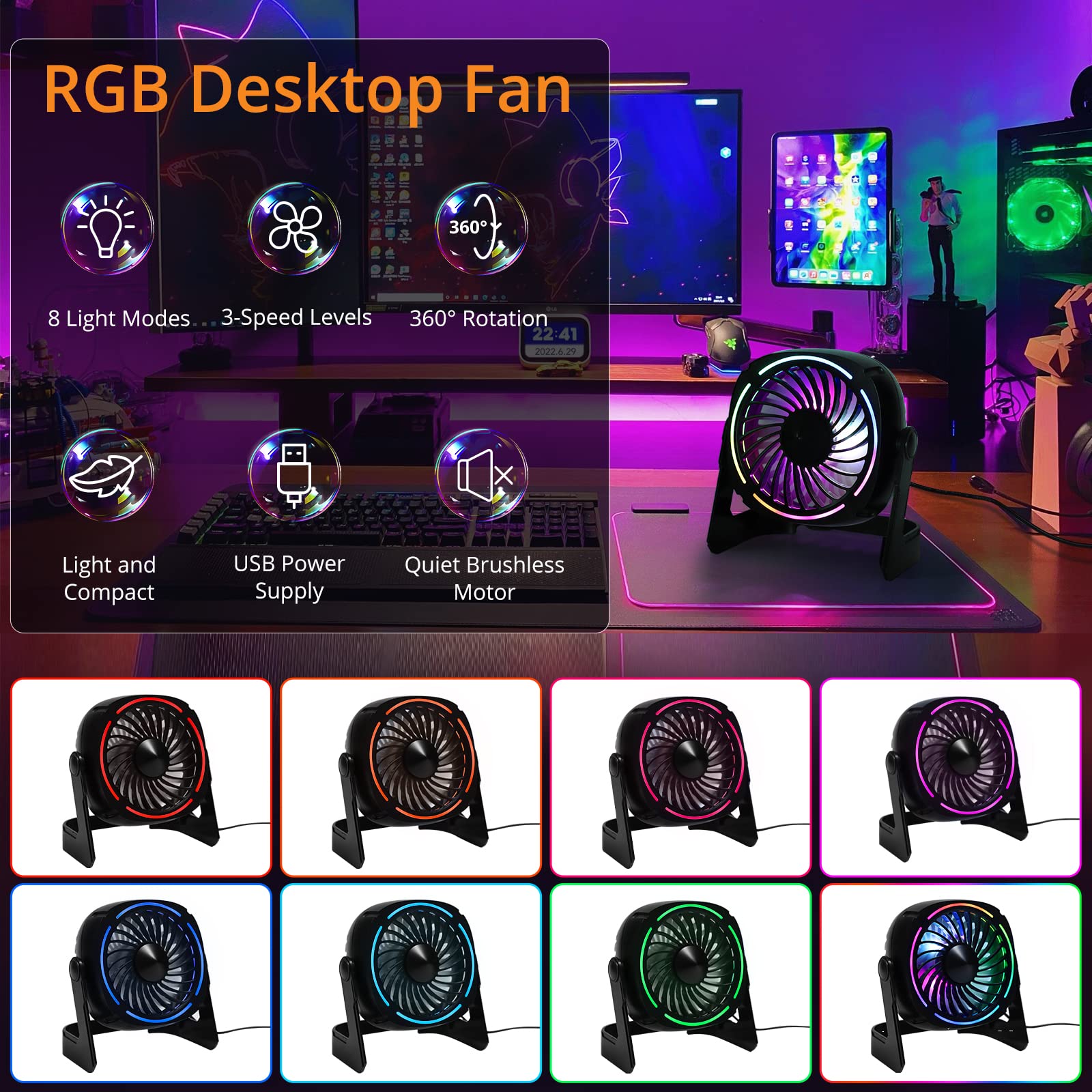 HeroPlus RGB Small USB Desk Fan, 6 Inch Small Fan with 8 Light Modes, Mini USB Fan with 3 Speeds, 60 Inch Cord, 360° Rotation, Quiet Operation, Portable Desk Fan for Rooms, Offices, Car, Travel