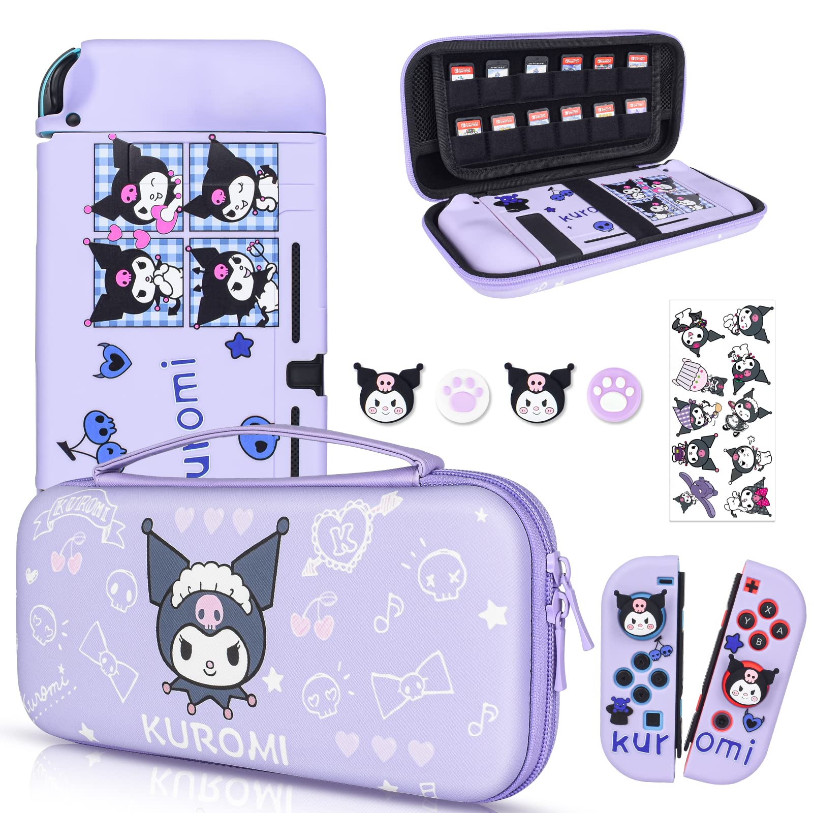 DLseego Little Evil Rabbit Switch Case Set Purple Carrying Case with 12 Slots Cute Silicone Protective Case Soft Cover with 4PCS Lovely Thumb Grips Caps and 1PCS Kawaii Sticker