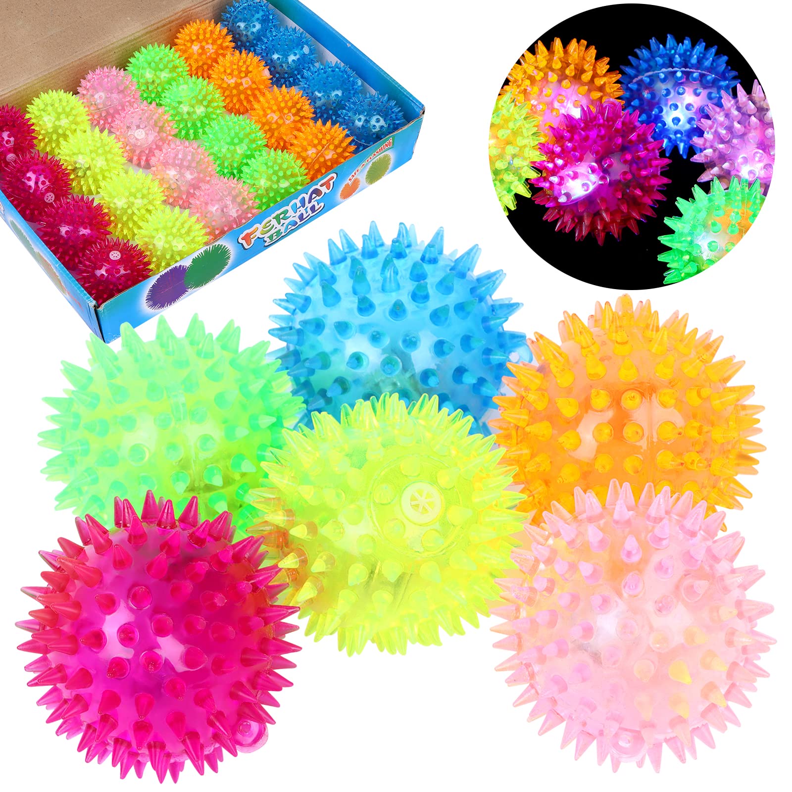 Haerbao 24 Pieces Light Up Bouncy Ball Light up Spike Rubber Ball Sensory Toy Flashing Spiky Sensory Stress Balls for Party Favors Student Gifts School Rewards(Cordless)