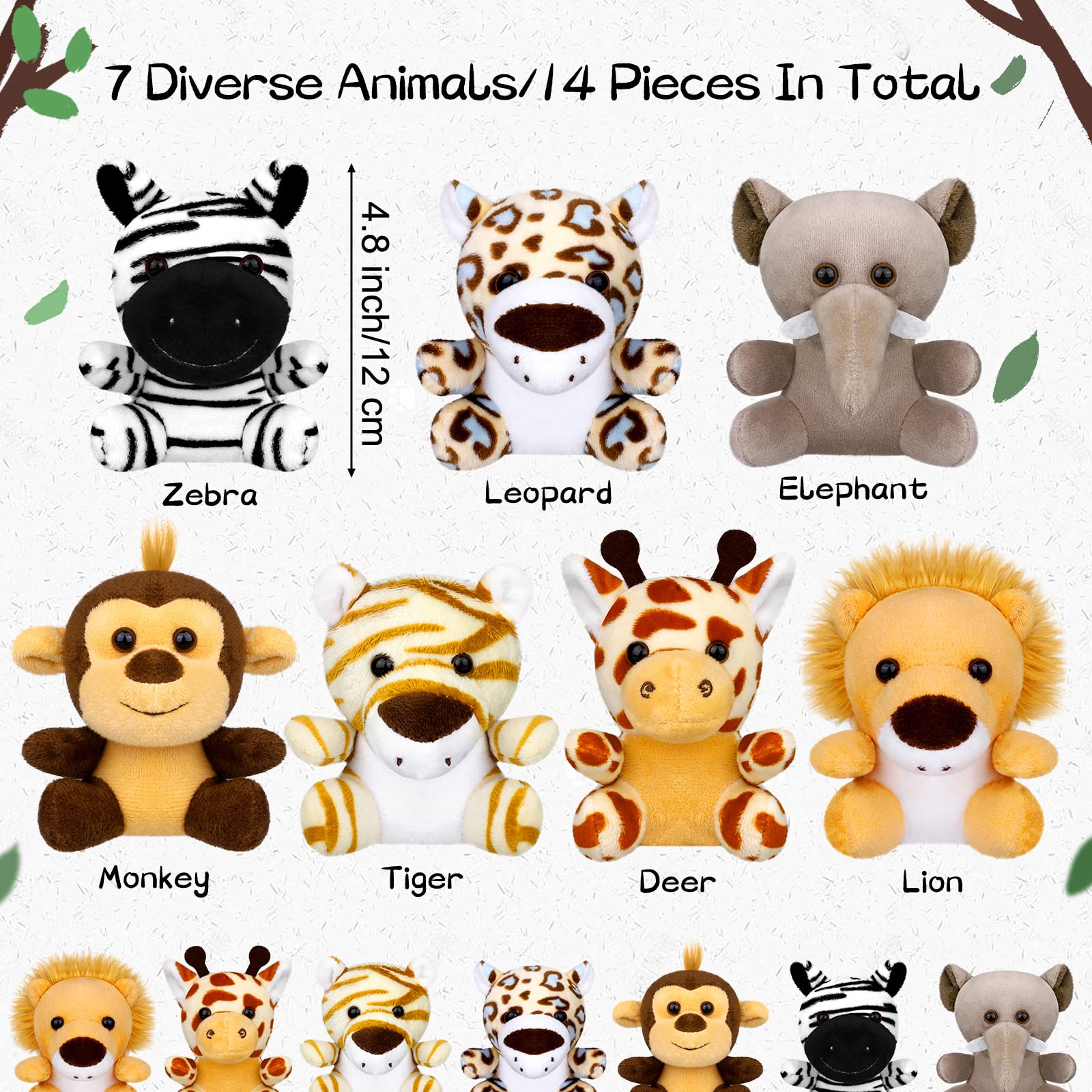 Elcoho 14 Pieces Safari Mini Jungle Animal Plush Toys Small Stuffed Forest Animals Plush Toys 3.75 Inch Keychain Decorations for Animal Themed Parties Goody Bags Filler Favors (Sitting)