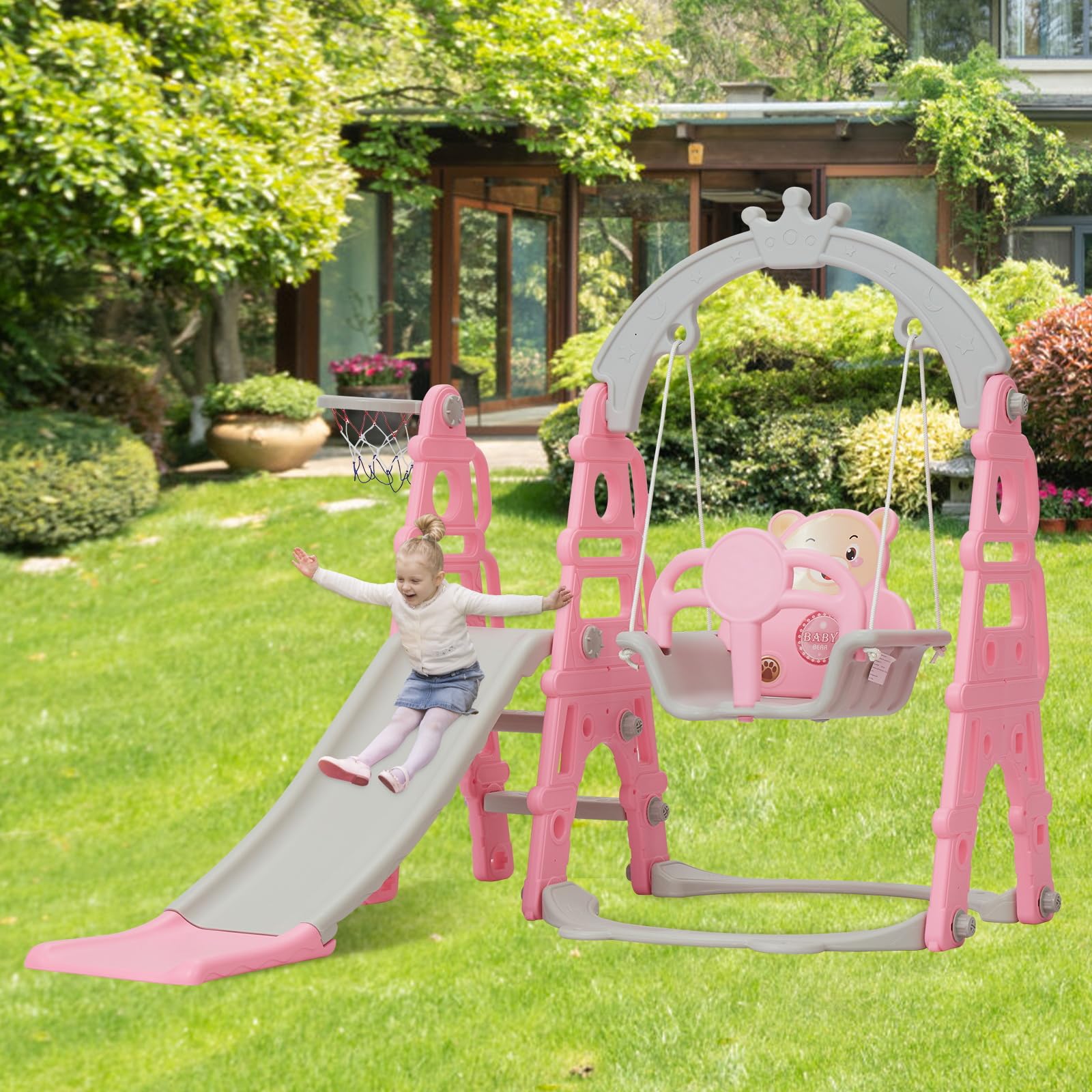 Kinbor 4 in 1 Toddler Slide Swing Set, Climber Slide Playground Baby Playset for Both Indoor & Outdoor with Basketball Hoop, Extra Long Slide & Easy Climb Stairs, Pink