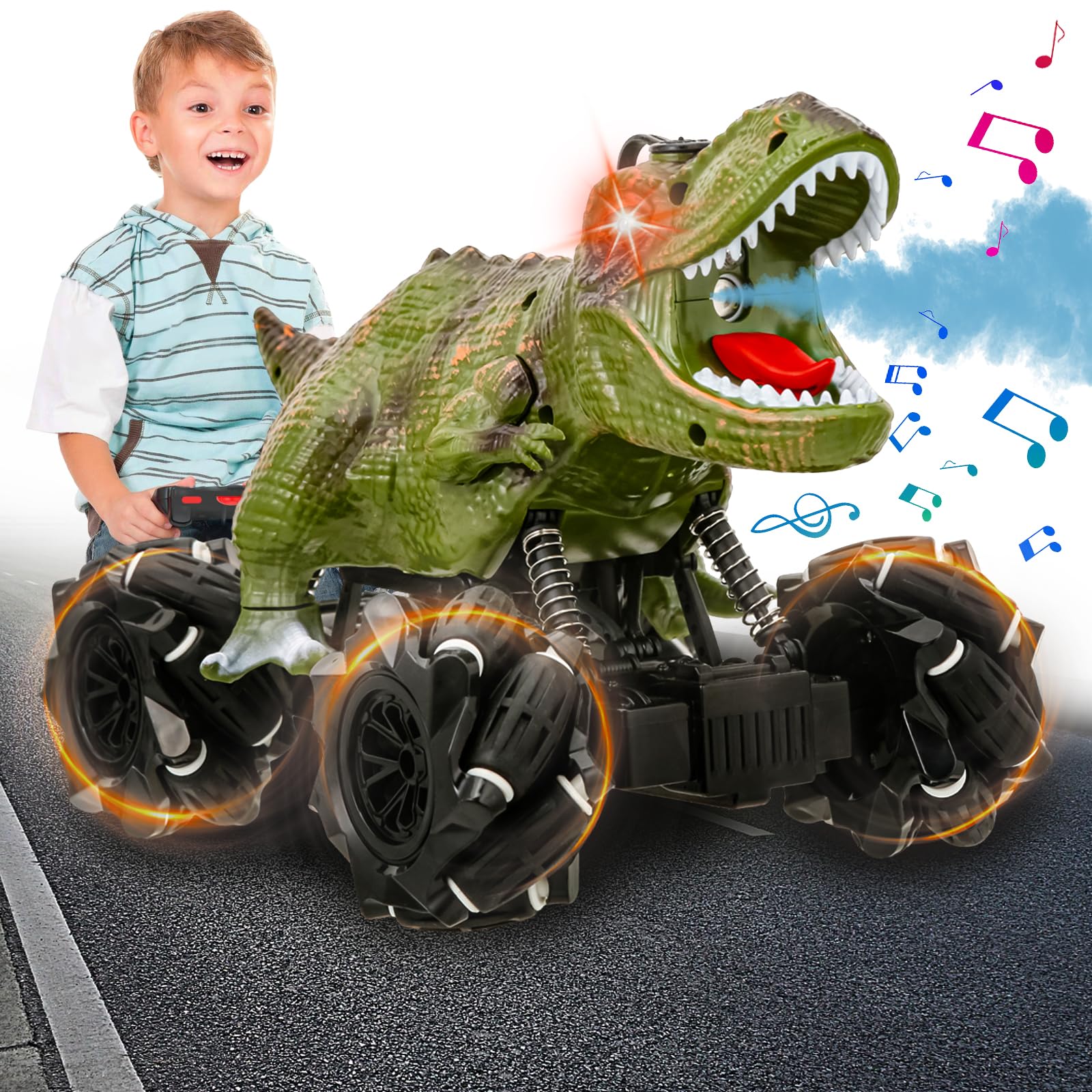 KunisJoy 2.4G Dinosaur Remote Control Car,Dinosaur Monster Trucks for Boys with Music Light Spray Mist.Dinosaur Toys for Kids, Birthday Gift for 3 4 5 6 7 8 Year olds Boys Girl