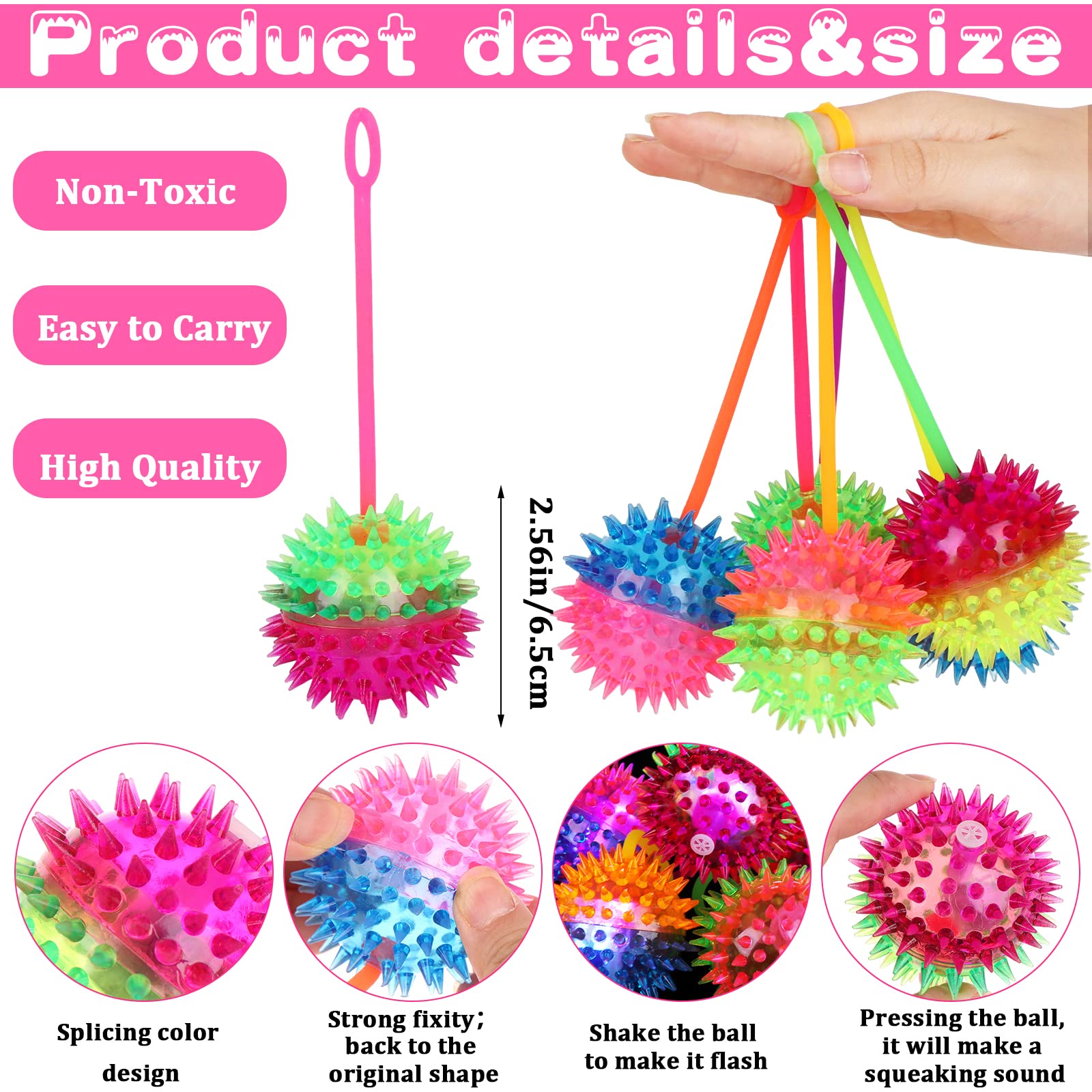 Haerbao 24 Pieces Light Up Bouncy Ball Light up Spike Rubber Ball Sensory Toy Flashing Spiky Sensory Stress Balls for Party Favors Student Gifts School Rewards(Corded)