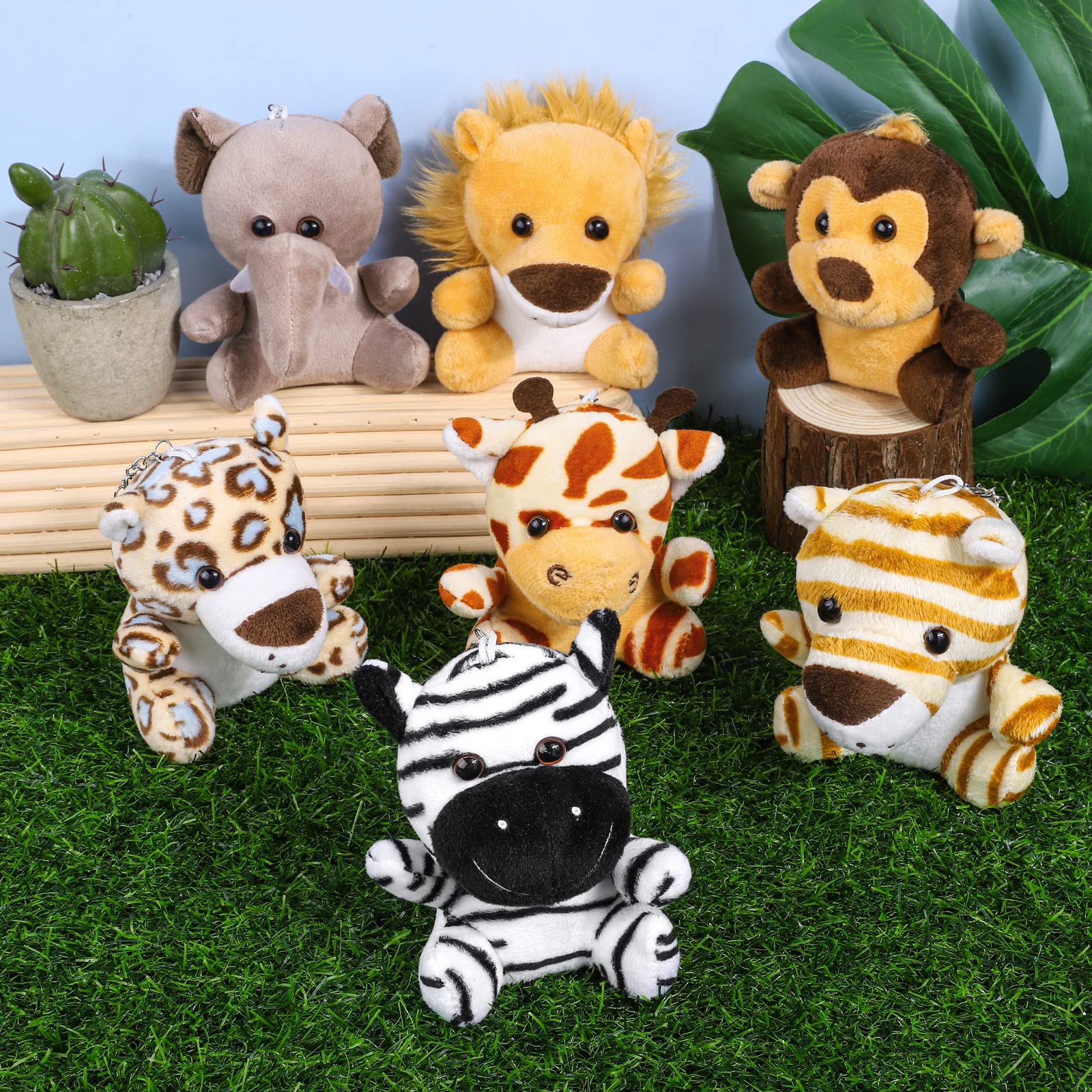 Elcoho 14 Pieces Safari Mini Jungle Animal Plush Toys Small Stuffed Forest Animals Plush Toys 3.75 Inch Keychain Decorations for Animal Themed Parties Goody Bags Filler Favors (Sitting)