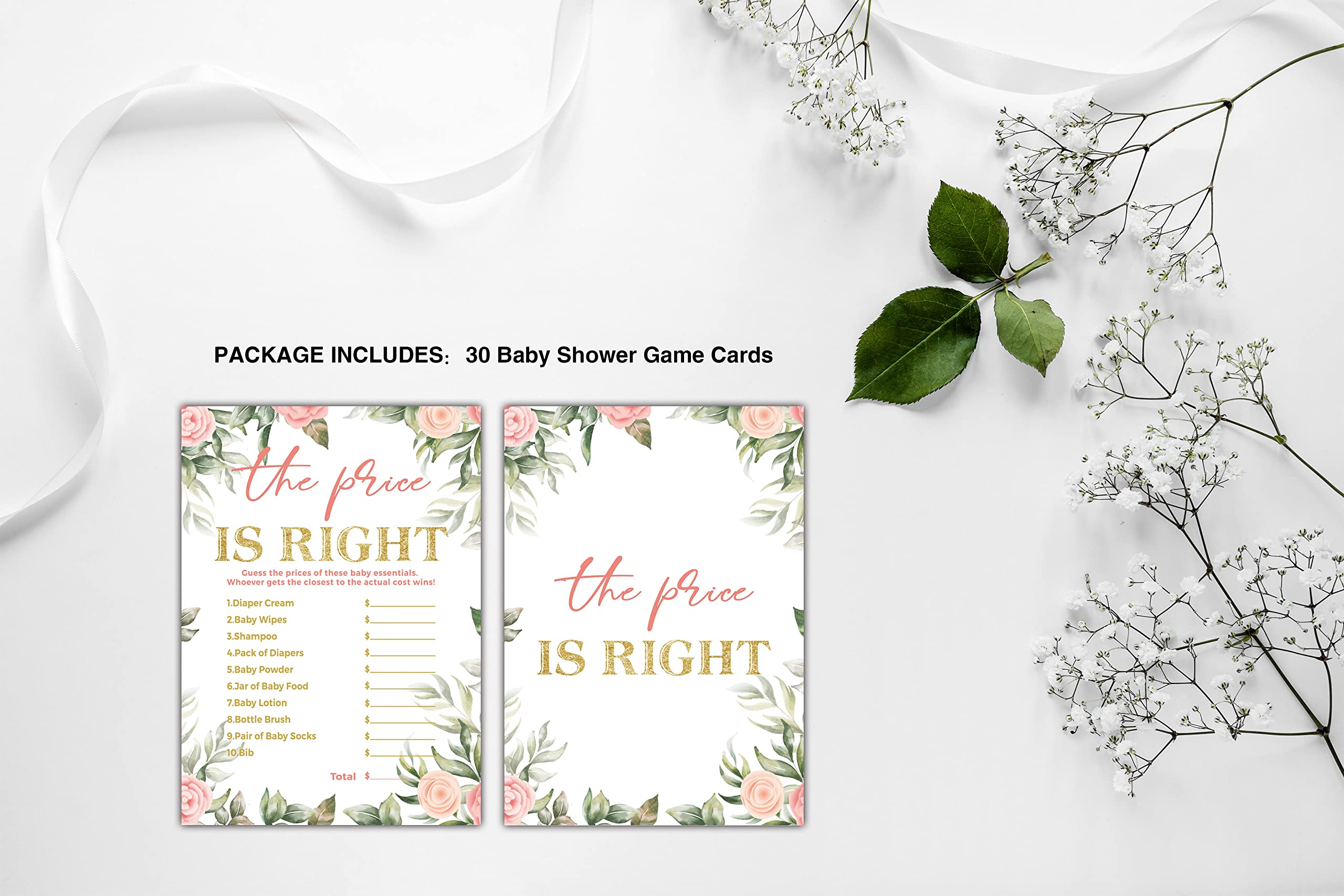 Baby Shower Games for Boys or Girls - The Price is Right Baby Shower Game - Floral Greenery Gender Reveal Party/Baby Bump Party Supplies Activities - Pack of 30 Game Cards(A06)