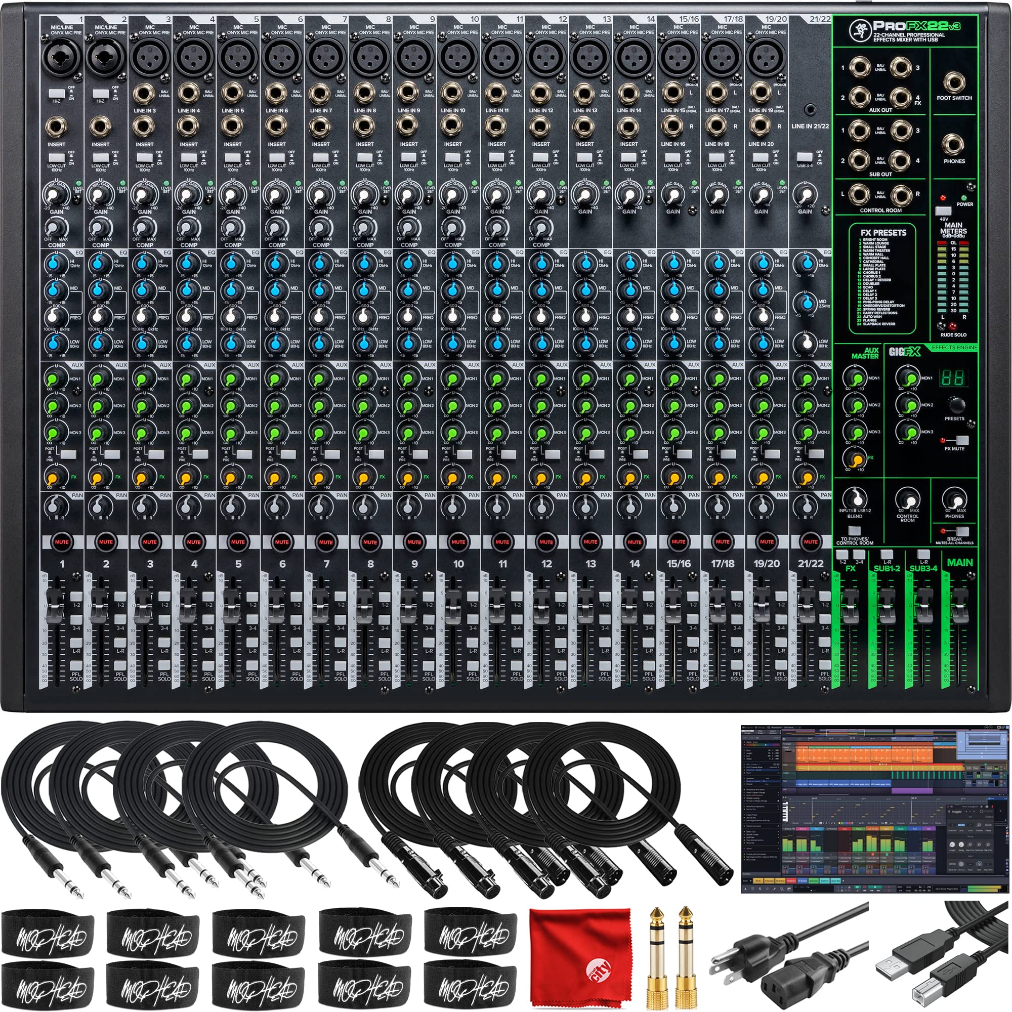 Mackie ProFX22v3 22-Channel Unpowered Mixer USB Bundle with Waveform OEM DAW, 4x Mophead 10-Foot TRS Cable, 4x 10-Foot XLR Cable, 2x 1/4" to 3.5mm Adapter, 10x Cable Ties and Microfiber Cloth