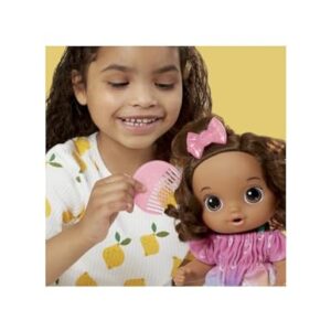 Baby Alive Fruity Sips Doll, Lemon, Toys for 3 Year Old Girls, 12-inch Baby Doll Set, Drinks & Wets, Pretend Juicer, Kids 3 and Up, Brown Hair