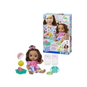 Baby Alive Fruity Sips Doll, Lemon, Toys for 3 Year Old Girls, 12-inch Baby Doll Set, Drinks & Wets, Pretend Juicer, Kids 3 and Up, Brown Hair