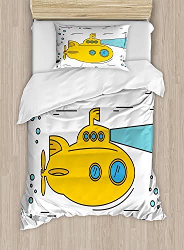 Ambesonne Yellow Submarine Duvet Cover Sets, Ocean Nautical Adventure Underwater Bubbles Porthole Cartoon, Bedding Set with 2 Duvet Covers & 4 Pillowcases, 2 Pack Queen Size, White Yellow Blue