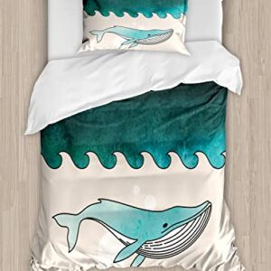 Ambesonne Whale Duvet Cover Sets, Fish Swimming in The Ocean Pattern Underwater Submarine Illustration, Bedding Set with 2 Duvet Covers 4 Pillowcases, 2 Pack Cal King Size, Petrol Blue Turquoise