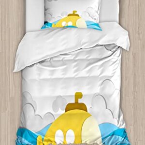 Ambesonne Yellow Submarine Duvet Cover Sets, Submarine Over The Wavy Sea and The Clouds in The Sky Image Print, Bedding Set with 2 Duvet Covers & 4 Pillowcases, 2 Pack Queen Size, Mustard and Blue