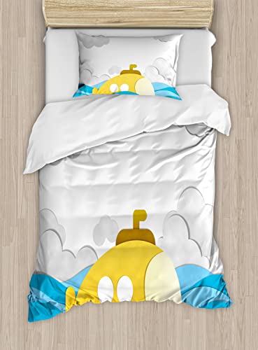 Ambesonne Yellow Submarine Duvet Cover Sets, Submarine Over The Wavy Sea and The Clouds in The Sky Image Print, Bedding Set with 2 Duvet Covers & 4 Pillowcases, 2 Pack Queen Size, Mustard and Blue