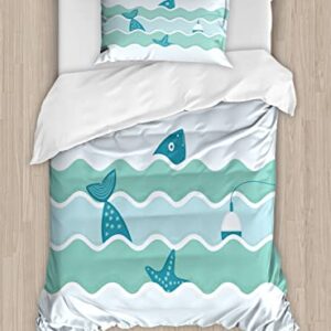 Ambesonne Fishing Duvet Cover Sets, Fish Tail and Starfish Swimming in Flat Waves Submarine Comical Illustration Nature, Bedding Set with 2 Duvet Covers 4 Pillowcases, 2 Pack Cal King Size, Pale Blue