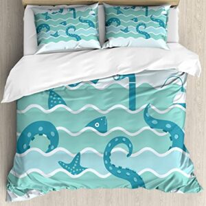 Lunarable Nautical Duvet Cover Sets, Octopus Tentacles Fish Starfish and Submarine Periscope Waves, Bedding Set with 2 Duvet Covers 4 Pillowcases, 2 Pack Cal King Size, Pale Blue Petrol Blue