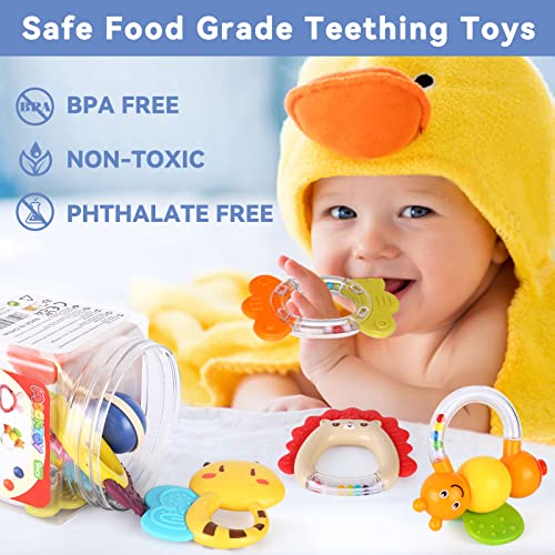 MOONTOY Baby Rattles Teether Set Toys for 0 1 2 3 4 5 6 7 8 9 10 11 12 Month Old Baby Boy Girl, 9PCS Baby Toys Sensory Toys Early Development Newborn Birthday Gifts Infant Toys 0-3-6-12 Month