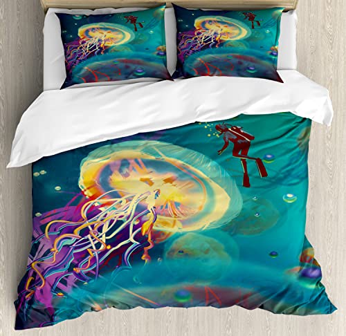 Ambesonne Fantasy Duvet Cover Sets, Giant Jellyfish and Diver in The Sea Underwater Submarine Aquatic Art Print, Bedding Set with 2 Duvet Covers 4 Pillowcases, 2 Pack Cal King Size, Teal Purple