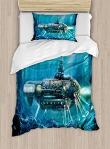 ambesonne fantasy duvet cover sets, science fiction inspired submarine underwater futuristic digital illustration, bedding set with 2 duvet covers 4 pillowcases, 2 pack cal king size, grey and aqua