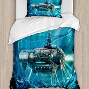 Ambesonne Fantasy Duvet Cover Sets, Science Fiction Inspired Submarine Underwater Futuristic Digital Illustration, Bedding Set with 2 Duvet Covers 4 Pillowcases, 2 Pack Cal King Size, Grey and Aqua