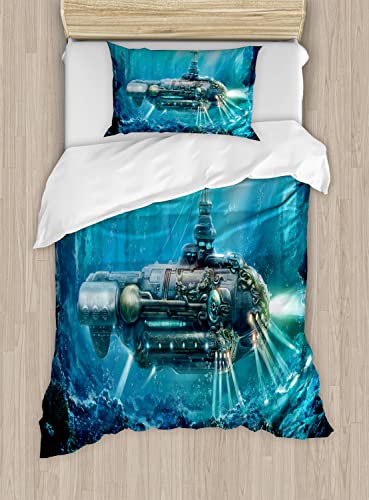 Ambesonne Fantasy Duvet Cover Sets, Science Fiction Inspired Submarine Underwater Futuristic Digital Illustration, Bedding Set with 2 Duvet Covers 4 Pillowcases, 2 Pack Cal King Size, Grey and Aqua