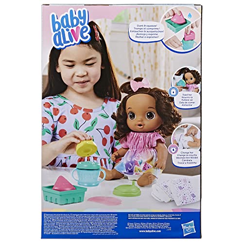 Baby Alive Fruity Sips Doll, Lemon, Toys for 3 Year Old Girls, 12-inch Baby Doll Set, Drinks & Wets, Pretend Juicer, Kids 3 and Up, Brown Hair