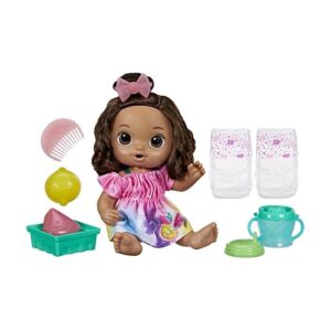 Baby Alive Fruity Sips Doll, Lemon, Toys for 3 Year Old Girls, 12-inch Baby Doll Set, Drinks & Wets, Pretend Juicer, Kids 3 and Up, Brown Hair