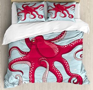 lunarable kraken duvet cover sets, submarine octopus in sea waves with bubbles depth of the ocean illustration print, bedding set with 2 duvet covers 4 pillowcases, 2 pack cal king size, red white