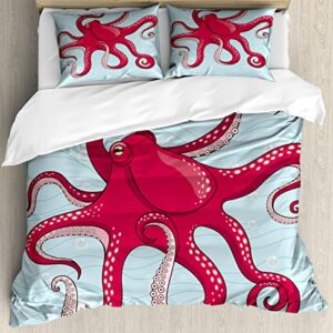 Lunarable Kraken Duvet Cover Sets, Submarine Octopus in Sea Waves with Bubbles Depth of The Ocean Illustration Print, Bedding Set with 2 Duvet Covers 4 Pillowcases, 2 Pack Cal King Size, Red White