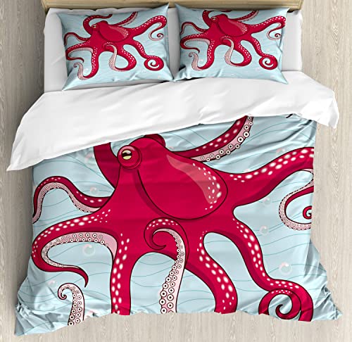 Lunarable Kraken Duvet Cover Sets, Submarine Octopus in Sea Waves with Bubbles Depth of The Ocean Illustration Print, Bedding Set with 2 Duvet Covers 4 Pillowcases, 2 Pack Cal King Size, Red White