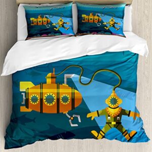 Ambesonne Yellow Submarine Duvet Cover Sets, Submarinend Diver Jumping Dolphins Illustration Print, Bedding Set with 2 Duvet Covers & 4 Pillowcases, 2 Pack Queen Size, Petrol Blue and Ginger